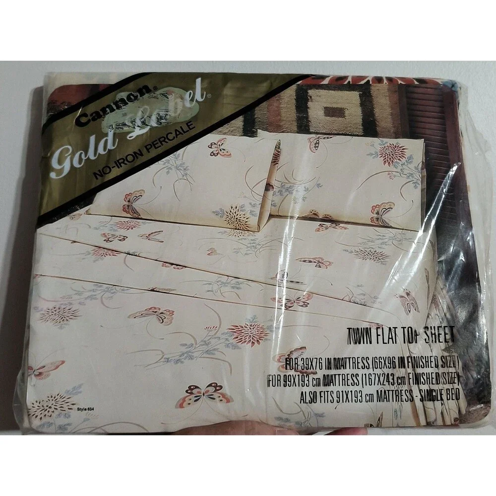 VTG Cannon Gold Label Twin Flat Top Sheet Chloe Parchment Butterfly Percale